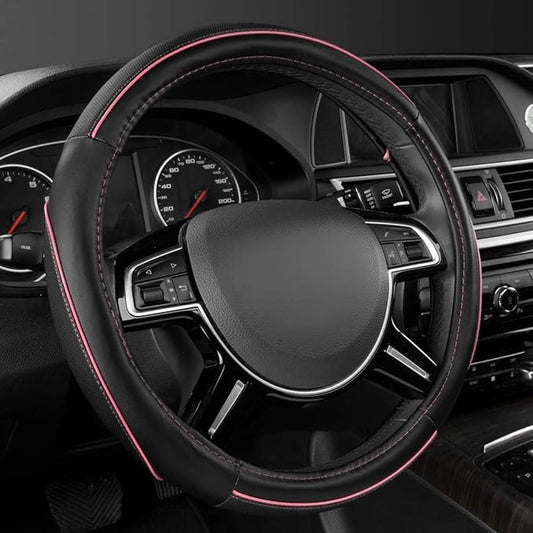 CAR Pass Colour Piping Leather Universal Fit Steering Wheel Cover, Perfectly fit for 14.5-15 inches Suvs, Vans, Trucks, Sedans, Cars (Black&Pink)