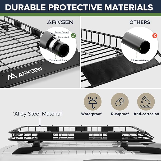 ARKSEN 64 x 39 x 4 Inch Upgrade Universal Roof Rack with Waterproof Bag, Cargo Net, 2 Ratchet Straps - 150Lbs Capacity Heavy Duty Rooftop Cargo Carrier with Extension for Car, SUV & Pickup