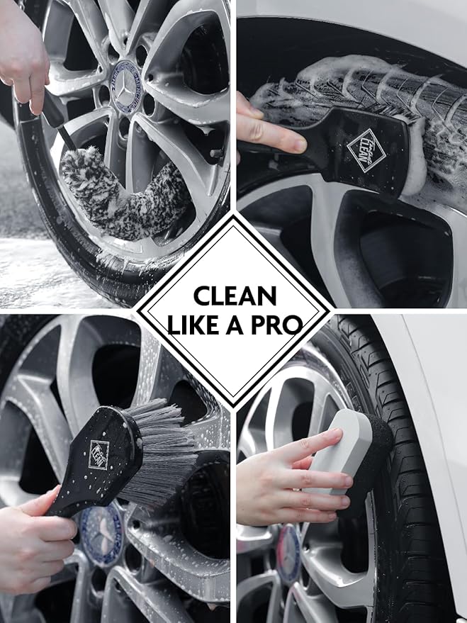 Fantasticlean 6PCS Car Wheel Cleaning Pro Kit, Tire Brush, Soft-bristled Rim Brush, Microfiber Bendable Brush, Double-Ended Detailing Brush, and Detailing Pads, Scratch-Free & Multipurpose