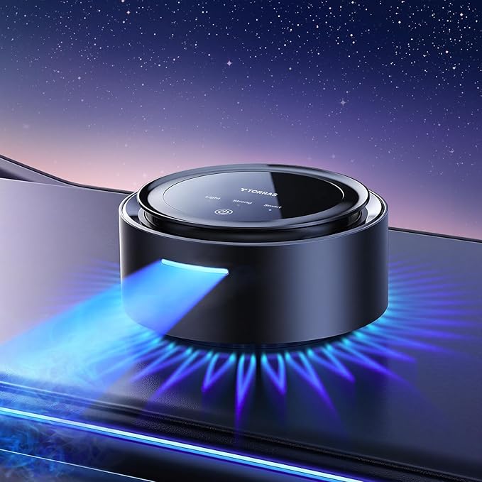 TORRAS Smart Car Air Freshener, Ultra-wide Ultrasonic Atomization Car Freshener, Blue Ambient Light, AUTO On/Off, Adjustable Mode, Natural fragrance, Bamboo Forest Scent