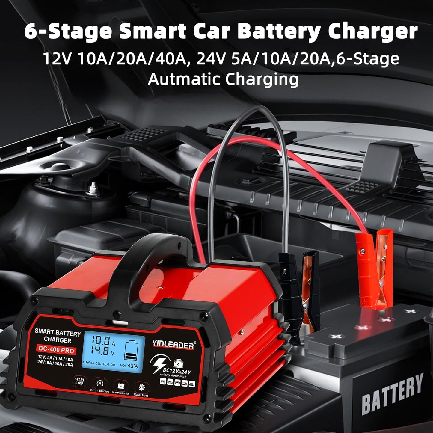 Battery Charger 40A, 12V/24V Lead Acid Smart Battery Charger, 12V LiFePO4 Car Battery Trickle Charger, Automatic Battery Maintainer for Car Motorcycle Lawn Mower Marine Boat Lead Acid Batteries