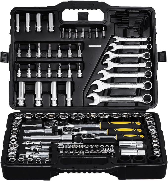 VEVOR 121-Piece Mechanics Tool Set - 1/4" 3/8" 1/2" Drive Sockets - SAE and Metric Mechanic Tool Kit with Bits - Ratchet Handle, Wrenches, Accessories, and Plastic Storage Case for Automotive Repair