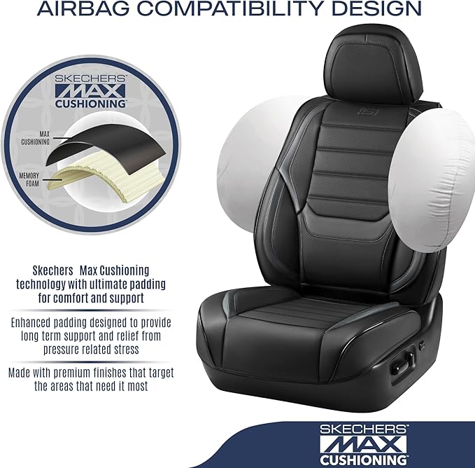Skechers MAX Cushioning Seat Covers,Memory Foam Leather Car Seat Covers,Waterproof Car Seat Protector Full Sets,Car Seat Cushion Airbag Automotive Universal Fit for Most Cars,Vans,Trucks,SUV,Grey