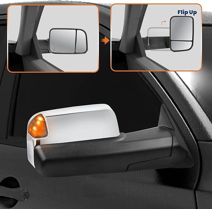 Pair Chrome Power Heated Towing Mirrors Compatible for 1994-1997 Dodge Ram 1500 2500 3500 w/Led Turn Light Manual Folding