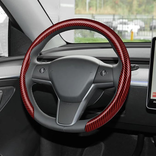 frani Leather Steering Wheel Cover, Universal 15 Inch Premium Non-Slip Steering Wheel Cover Red Carbon Fiber Texture