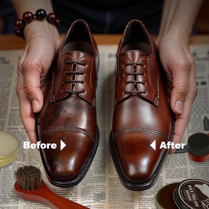 Shoe Polish Kit - Shoe Shine Kit | Leather Care Set with Horsehair Brush & Wooden Applicator | Portable Travel Case Included