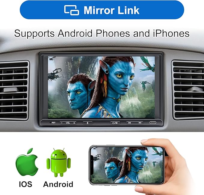 Double Din Car Stereo Radio Wireless CarPlay Wireless Android Auto, 7in Touchscreen Car Audio Receiver with Bluetooth,Rearview Camera,AM/FM, GPS Navigation,Mirror Link,Subwoofer,USB/AUX/SWC