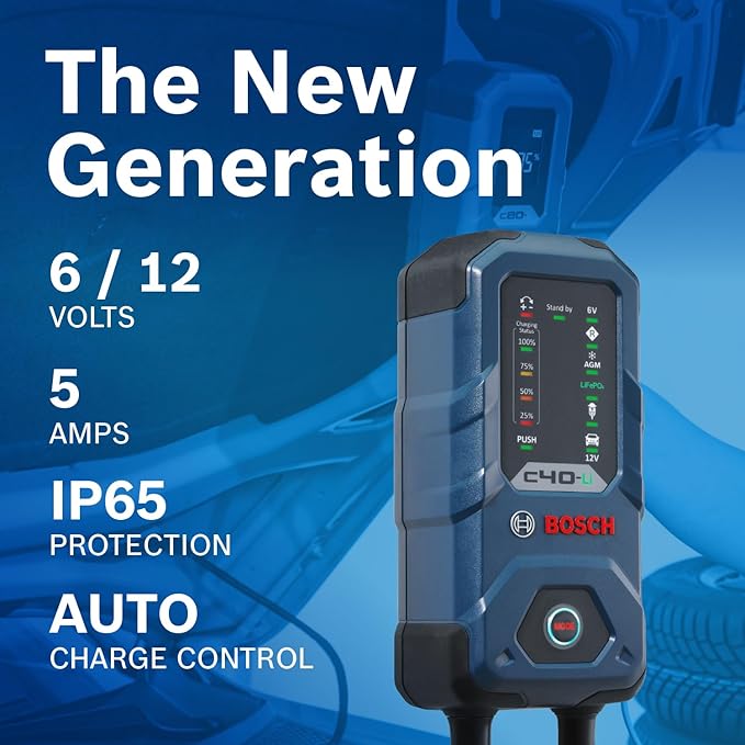 Bosch C40-Li: 5A 6V/12V Next-Gen Battery Charger – Smart Maintenance & Trickle Functionality with Advanced Safety Features – for Lead-Acid & Lithium Batteries, Including AGM, EFB, Gel & SLI