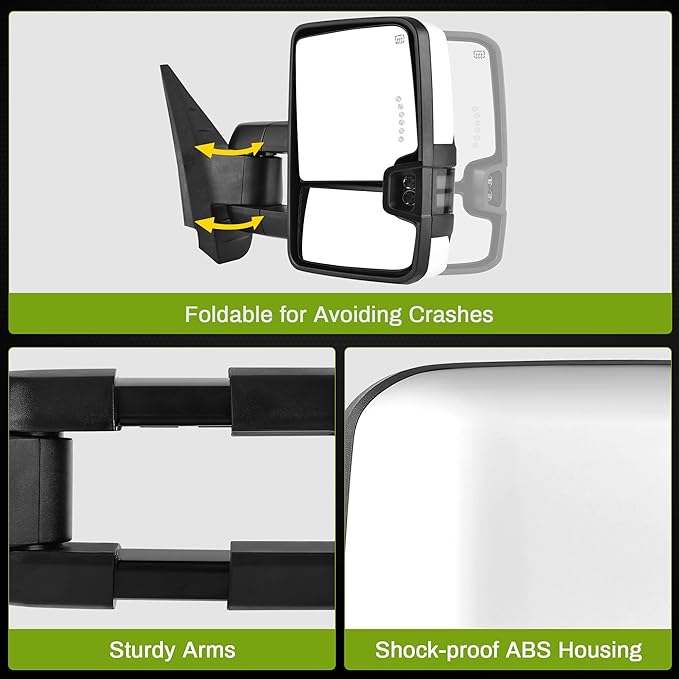 AUTOSAVER88 Towing Mirror Compatible with 2007-2013 Silverado Sierra 1500 2500HD/3500HD/Avalanche/Suburban/Yukon, Power Heated Switchback LED Turn Signal Running Light Manual Telescoping Folding White