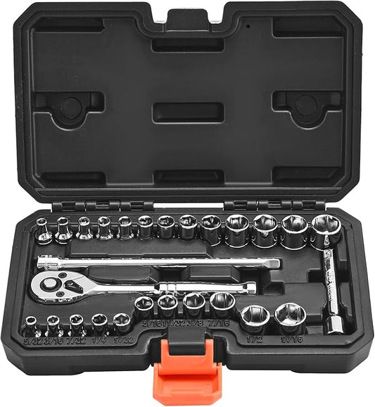 VEVOR Socket Set, 27 Pieces, 1/4 inch Drive Socket and Ratchet Set, SAE and Metric, Mechanic Tool Kit with Ratchet Wrench, Extension Bar and Storage Case, CR-V Alloy Steel, for Automotive Repair