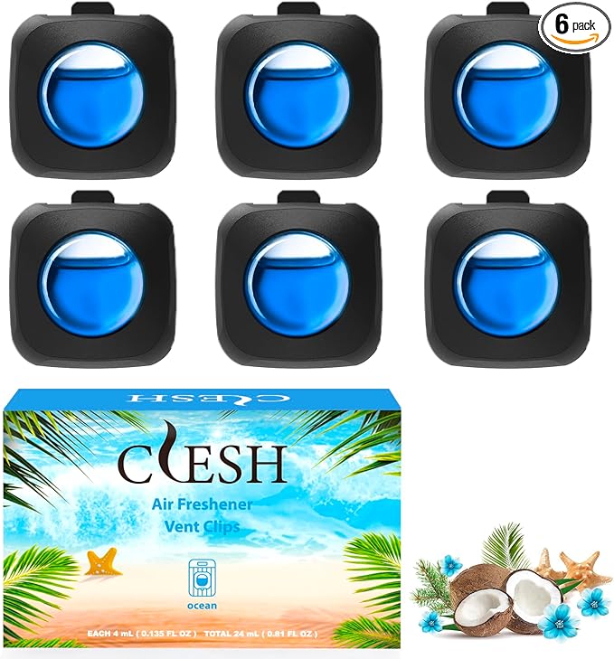 Car Air Fresheners, Ocean, 6-Pack, 4ml Each, Car Fresheners for Women Men, Long Lasting Air Freshener for Car Vent Clips, Car Refresher