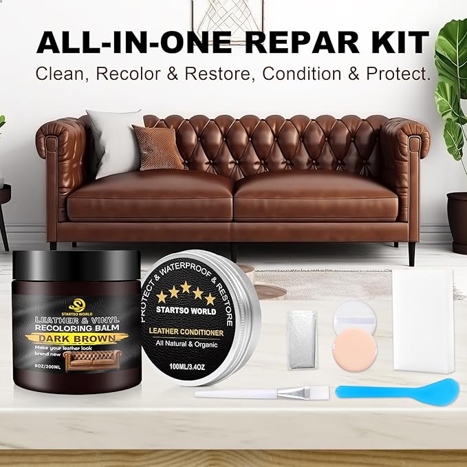 STARTSO WORLD 200Ml Leather Recoloring Balm with 100ML Leather Conditioner, Dark Brown Leather Repair Kit for Furniture, Leather Dye, Leather Scratch Repair, Leather Couch Paint