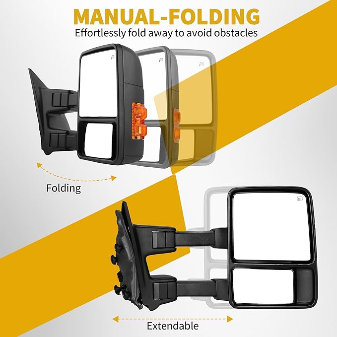 DWVO Side Towing Mirrors Compatible with 2008-2016 Ford F250 F350 F450 F550 Super Duty, Right Passenger Mirror with Power Heated Manual Folding Turn Signal Black