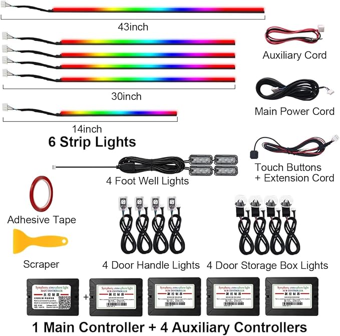 Dreamcolor Acrylic Interior Car LED Strip Light,RGB 18 in 1 Ambient Lighting Car with Wireless APP,175 Inches 600 LED Music Sync Led Lights Kits,16 Million Interior Lights