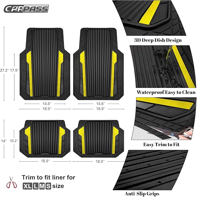 CAR PASS Yellow Car Mats Metallic, Aluminum Film All Weather Rubber Lemon Yellow car Floor Mats Waterproof Universal Trim to Fit SUV Sedan Van Truck 4 Piece Deep Dish Heavy Sporty Black Yellow Chrome