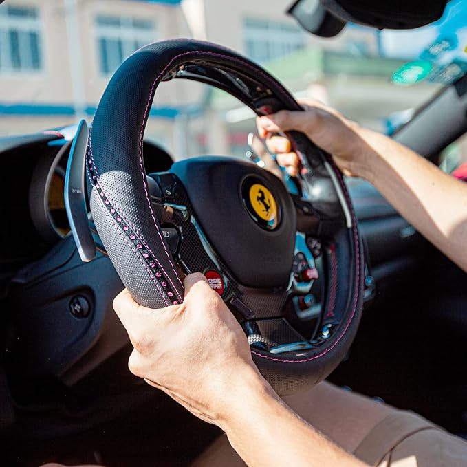 CAR PASS Bling Diamond Leather Steering Wheel Cover, Studded Crystal Rhinestones Universal Fit 14" 1/2-15" Crystal Glitter for Women Sparkle Girl Fit Suvs,Vans,Sedans,Cars,Trucks, Hot Pink Diamond