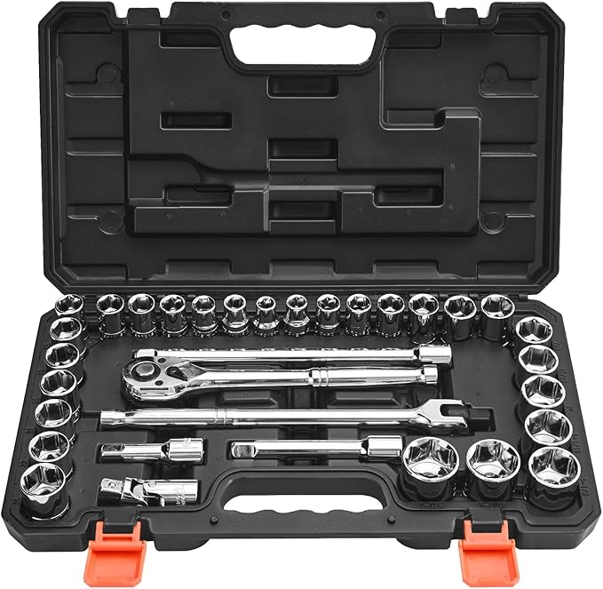 VEVOR Socket Set, 33 Pieces, 1/2 inch Drive Socket and Ratchet Set, SAE and Metric, Mechanic Tool Kit with Ratchet Wrench, Extension Bar and Storage Case, CR-V Alloy Steel, for Automotive Repair