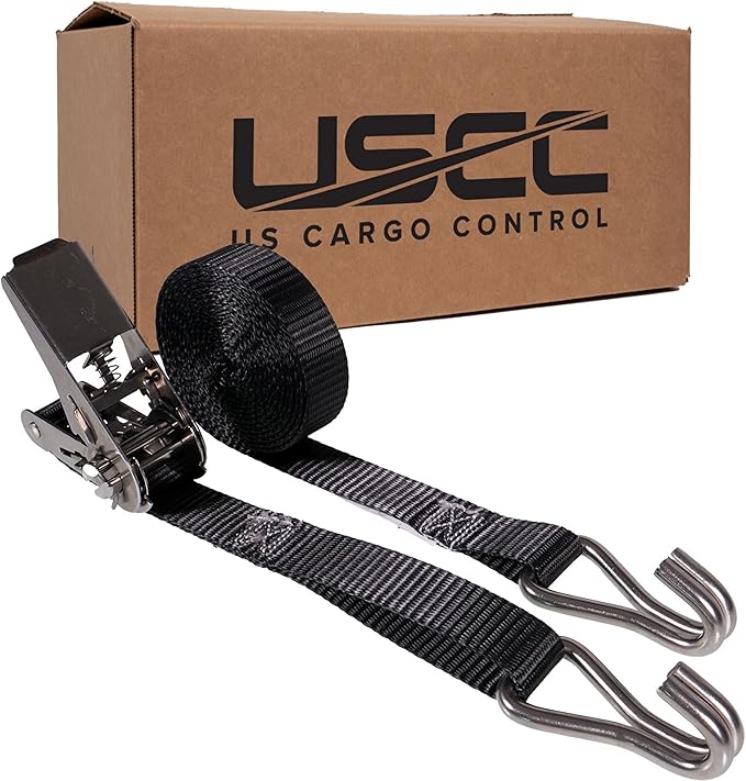 US Cargo Control Stainless Steel Ratchet Straps with Double Wire Hooks (45-Pack), 1" x 10', 1,500 LBS Break Strength, Marine Tie Down Straps for Boats, ATVs, Camping, Snow, Saltwater Applications