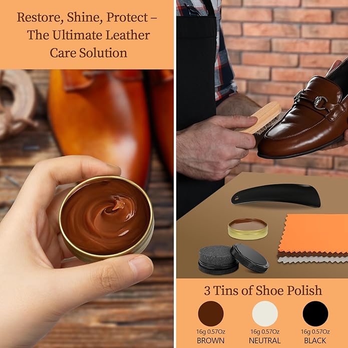 Shoe Polish Kit - Shoe Shine Kit | Leather Care Set with Horsehair Brush & Wooden Applicator | Portable Travel Case Included