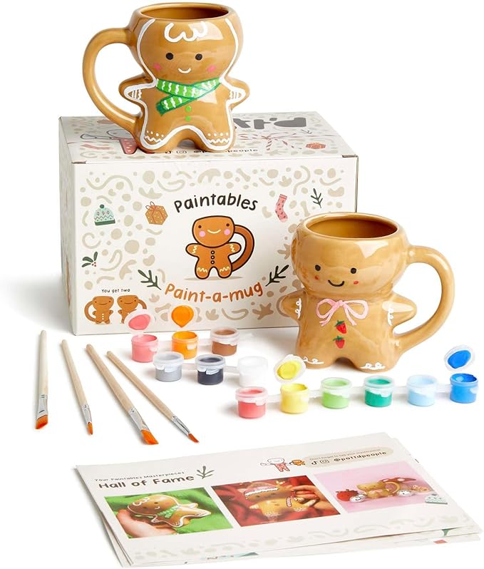 Pott’d Paintables Gingerbread Christmas Paint-a-Mug Kit – DIY Christmas Coffee Mugs, Includes Mugs, Paints, Brushes & Painting Inspiration Guide