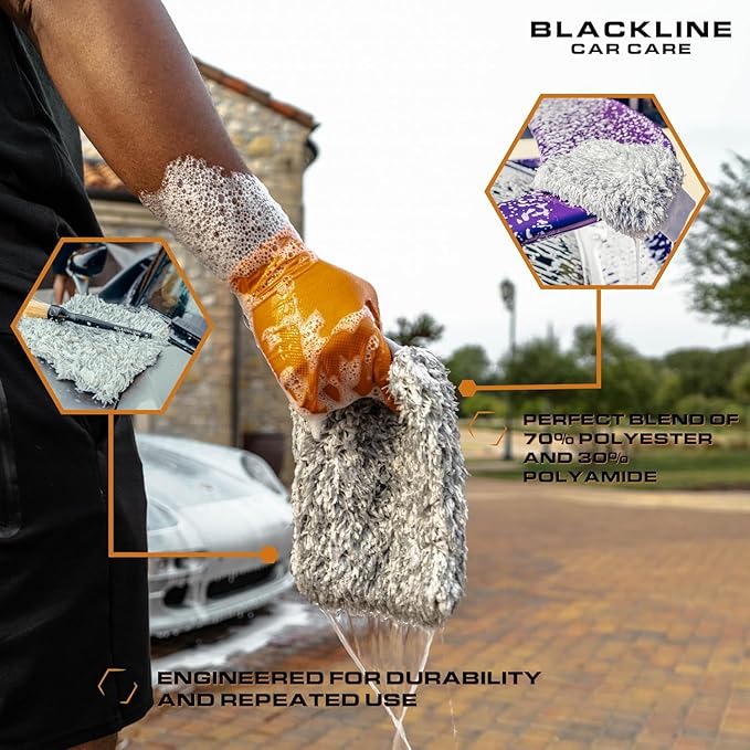 Blackline Microfiber Automotive Wash Mitt -Premium Scratch Free Wash Mitt for Car Cleaning|Car Detailing Accessory Works with Bucket, Car Shampoo, or Foam Cannon | 70%/30% Microfiber Blend, 9"x11"