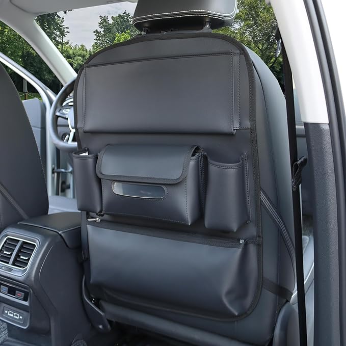 Car Seat Organizers Waterproof Backseat Protector with Storage Pocket Large Leather Kick Mats for Kids Pets Automobile SUV Truck (Black, Large Pocket)