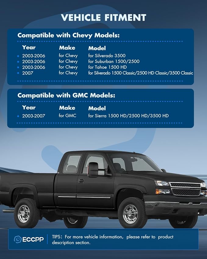 ECCPP Towing Mirror With 2003-2007 For Chevy Silverado 3500/Suburban 1500/2500 Tahoe 1500 HD Power Adjusted Heated Turn Signal Light Black Housing Pickup Truck Mirrors