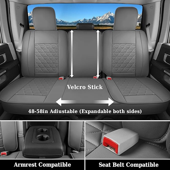 Coverado Leather Car Seat Covers, Waterproof Dooge Ram 1500 Seat Covers Compatible with 2002-2025 Dodge Ram 1500 2500 3500 with Flat Bench (Full Set, Dark Gray)