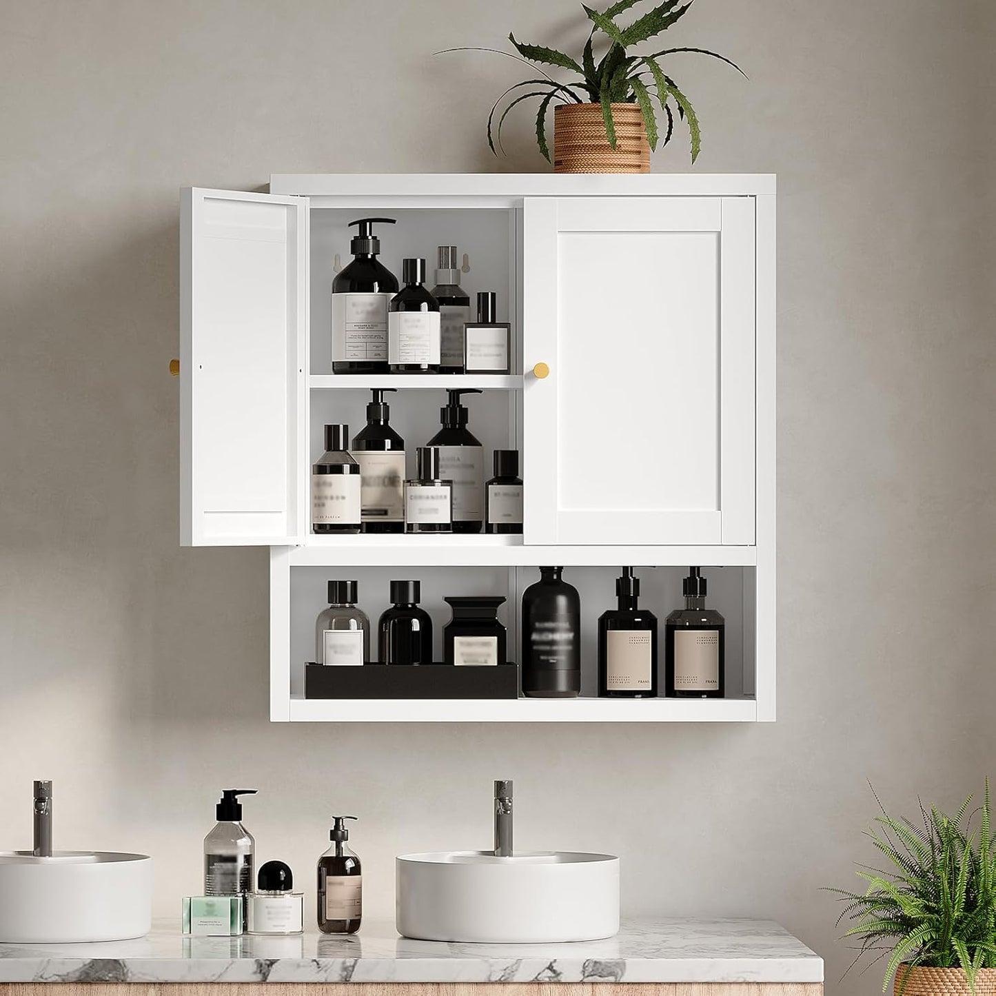 Metal Bathroom Storage Cabinet, Metal Storage Cabinet with 2 Adjustable Shelves & 2 Doors,Freestanding Sideboard for Small Spaces (White, Wall Cabinet-22.59" H)