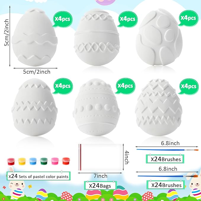 24 Set Easter Egg DIY Painting Kit Ceramic to Paint Your Own Egg Statues Unpainted Plaster Figurines with Brushes Acrylic Bags Arts and Crafts Kits Party Favor for Adults