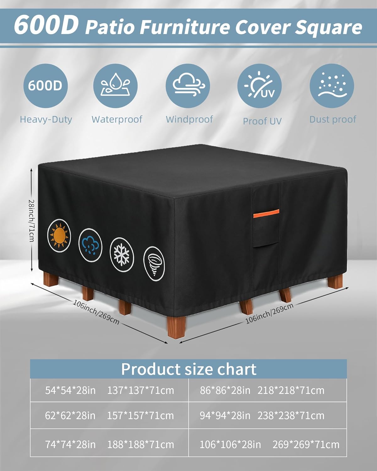 Outdoor Waterproof Furniture Cover, 106W x 106L x 28H inches Heavy Duty 600D Square Table and Chair Set Protection, Black