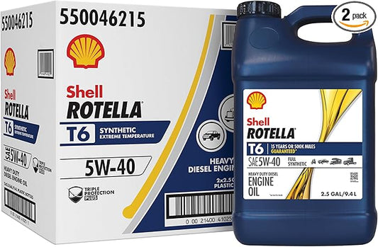 Shell Rotella T6 Full Synthetic 5W-40 Motor Oil, 2.5 Gallon (2 Pack)