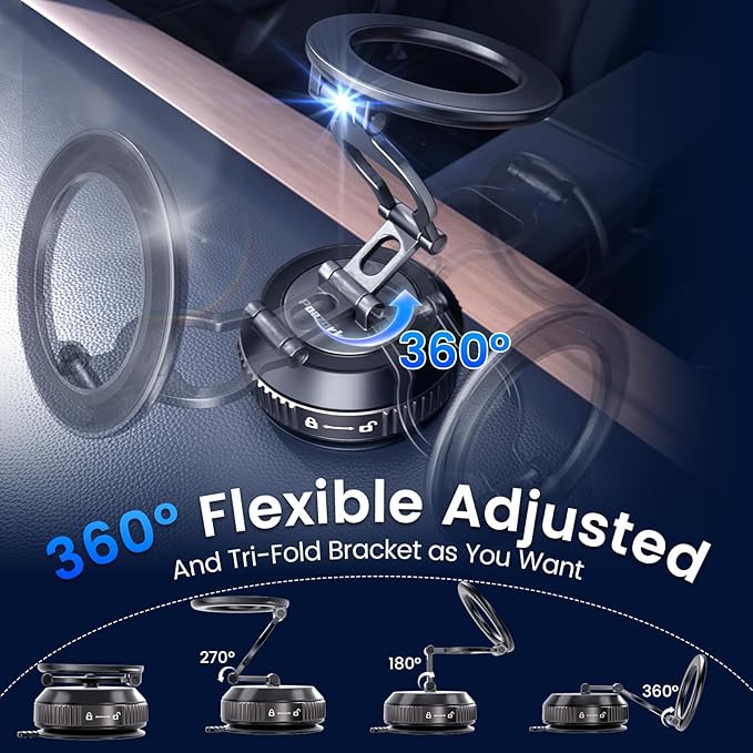 Tri-Folding Car Phone Holder for Magsafe[80+LBs Strongest Suction & 2850gf Strongest Magnetic], 360°Adjustable Phone Holders for Car, Suction Cup Phone Mount for iPhone17Pro Max /16/15/14Series，Black