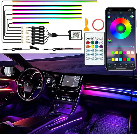 Interior Car LED Lights, RGB Dream Color Acrylic LED Lights for Car, Ambient Lighting Kits with Wireless APP and RF Remote Control, Music Sync Dynamic Chasing (6 in 1)