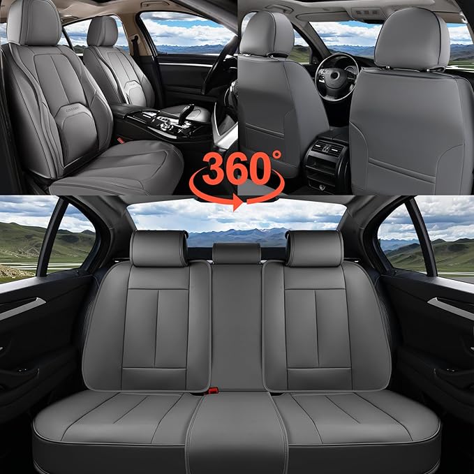 Coverado Car Seat Covers Full Set, Premium Nappa Leather Seat Covers for Car, Waterproof Car Seat Protector with Lumbar Support, Automotive Seat Covers Universal Fit for Most Cars SUV Truck(Gray)