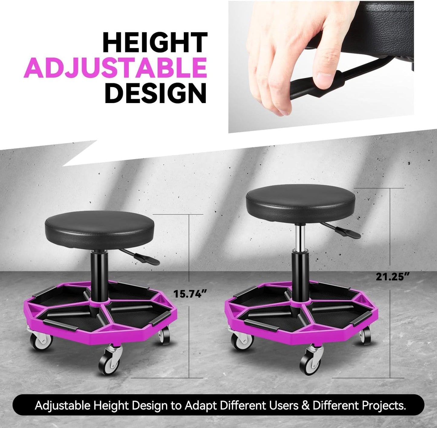 Auto Dynasty Mechanic Stool, Adjustable Rolling Pneumatic Creeper Garage Shop Seat with Tool Tray, 300 LBS Roller Seat for Workshop Auto Repair, Adjustable Height 15.7" to 21", Purple