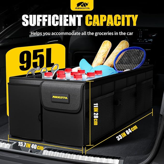 MIKKUPPA Car Trunk Organizer - 95L Collapsible Trunk Organizer with Lid, Sturdy Car Storage for SUV Auto Truck Van with Adjustable Straps and Non Slip Bottom (Black, X-Large)