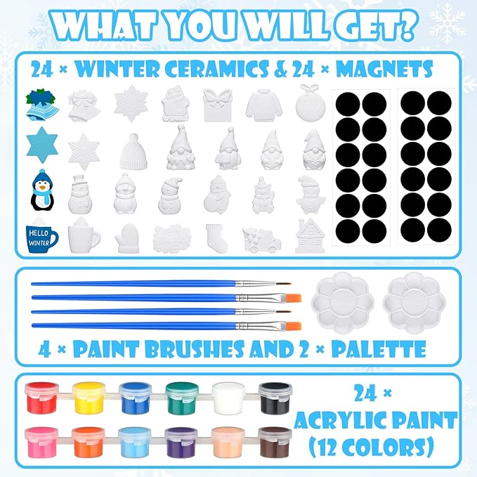 Simgoing 24 Sets Christmas Winter Ceramics to Paint Set Gnomes Ready to Paint 24 Unpainted Ceramics with Acrylic Brushes Magnets DIY Snowflake Snowman for Winter