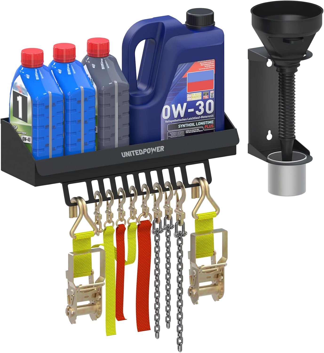 UNITEDPOWER 6 Quart Motor Oil Storage Rack, Bottle Shelf Mount Caddy With Funnel, Enclosed Race Trailer Shop Garage Organizer