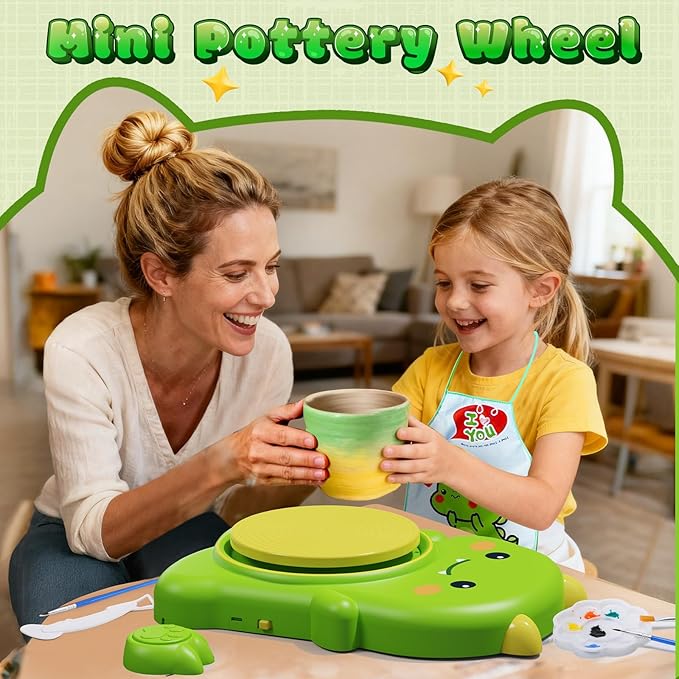 Skirfy Mini Pottery Wheel Kit for Beginners Kids,Electric Ceramic Wheel with Foot Pedal&Painting Kit, Adjustable Speed,Clay Spinner DIY Tools for Art Craft Birthday (Green Dinosaur)