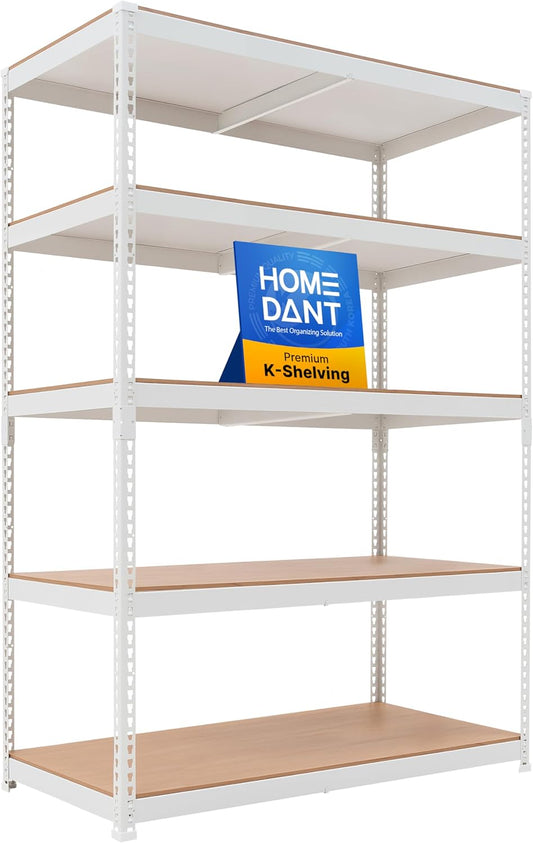 HOMEDANT White 5 Tier Laminated Boltless Heavy Duty Garage Storage Adjustable Wide Size Metal Shelving Unit Utility Rack Shelves Organization Shelf Shed Warehouse 47.7" W x 24.1" D x 71.3" H 1Pack