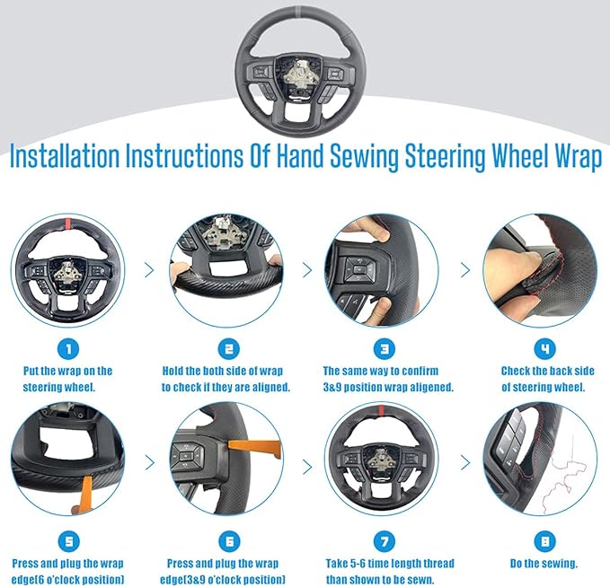 Black Side Perforated Leather Grey Marker Steering Wheel Protector Cover Hand-Stitch on Wrap Fit for Ford F-150 F250 King Ranch/Lariat/XL/XLT/Limited/Platinum/Police Responder 2015-2020