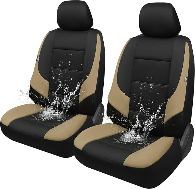 GIANT PANDA Neoprene Front Seat Covers for Toyota Rav4 Camry Highlander Corolla Priu, Leak-Proof & Waterproof Car Seat Protectors（Beige+Black） 2PCS
