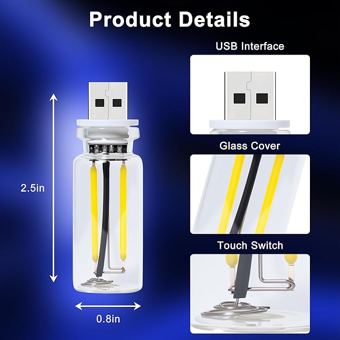 2-Pack Vintage USB LED Lights for Car Interior, Touch Dimmable Night Light - Retro Glass Bottle Filament Lamp Bulb for Bedroom, Camping, Holiday Decoration Ambiance
