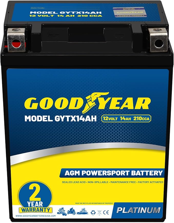 Goodyear GYTX14AH - 12 Volt 14 AH, 210 CCA, Rechargeable High-Performance, Maintenance Free, SLA - AGM Battery for Motorcycle, ATV, UTV, 4-Wheeler, Snowmobile, Watercraft and more!