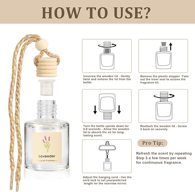 Car Air Freshener Oil Diffuser - Hanging Long Lasting Scent for Car & Home, Essential Oil Freshener with Adjustable Fragrance (Lavender+Red Roses+Oud Wood+Amber Allure)