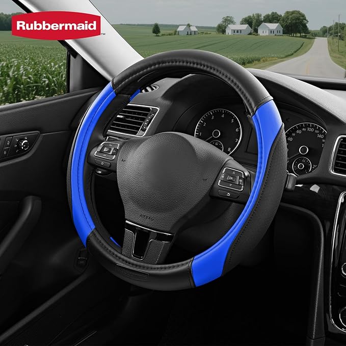 Rubbermaid Steering Wheel Cover – Universal Fit 14.5"–15" Steering Wheel Cover, Anti-Slip Grip, Breathable Leather, All-Season Protection, Interior Upgrade for Cars, Trucks, SUVs - Blue