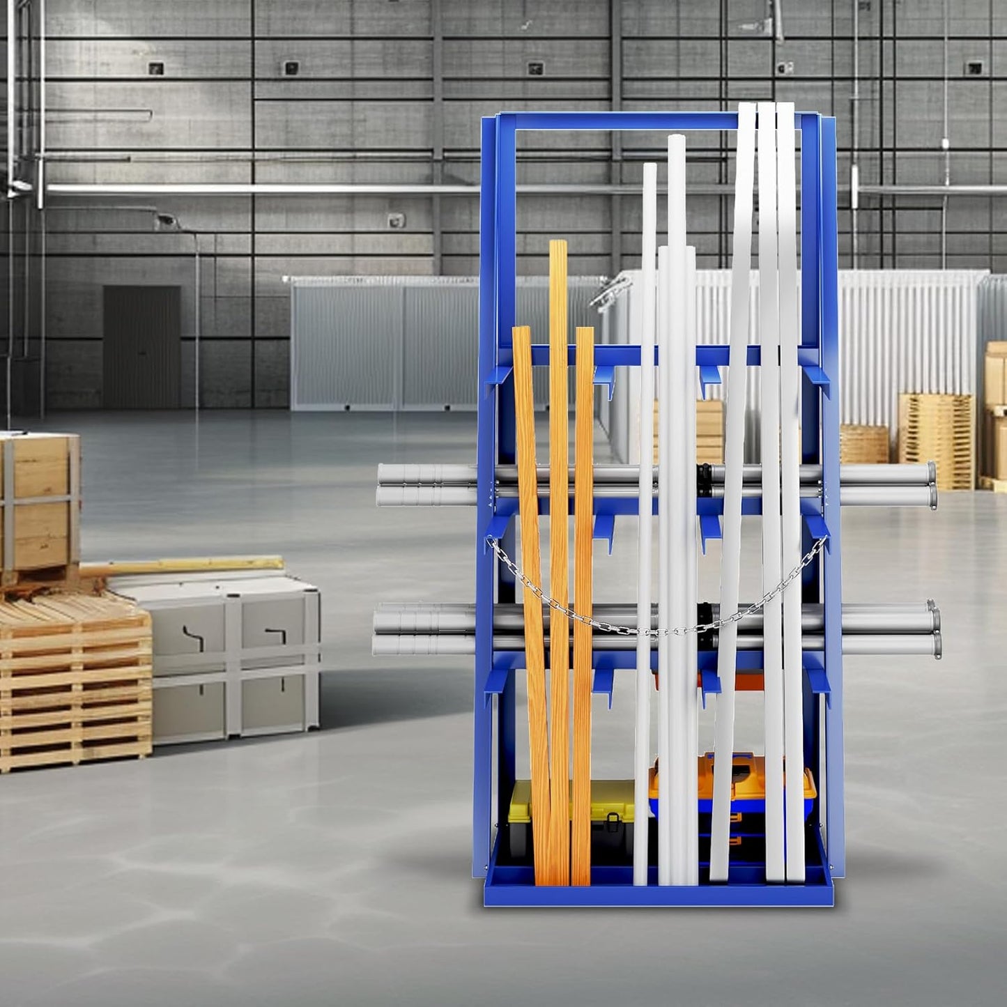 Vertical Bar Rack, 3000 LB Capacity, Steel Bays Long Parts Storage Rack, Lumber and Metal Garage Organizer, Heavy Duty Pipe Organizer Shelf With Chain for Garage Basement Pantry