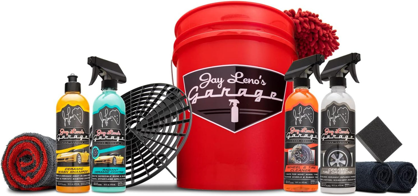 Jay Leno's Garage Ceramic Car Detailing Bucket Kit - Sprays, Liquids, Microfiber Towels, Applicators and Wash Mitt