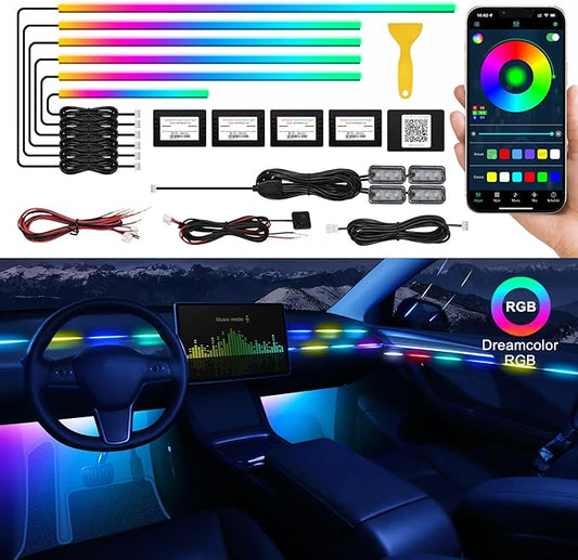 Dreamcolor Acrylic Interior Car LED Strip Light with Wireless APP, RGB 10 in 1 with 175 inches 593 LEDs Fiber Optic Ambient Lighting Kits, 16 Million Colors Sound Active Function Car Neon Lights